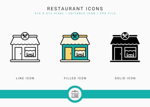 Restaurant Icons Set: Solid Line Vectors for UI
